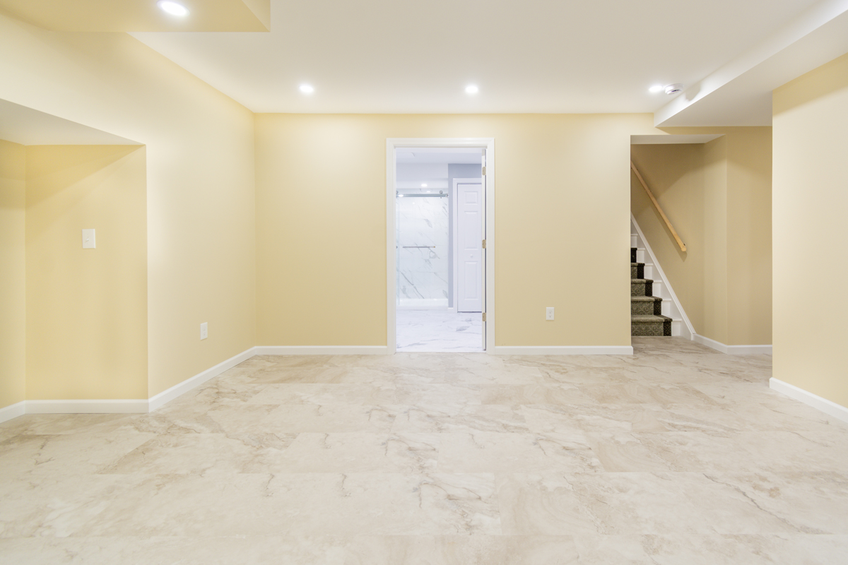After basement remodeling at Smith Residence in Brookfield CT showing finished basement living space